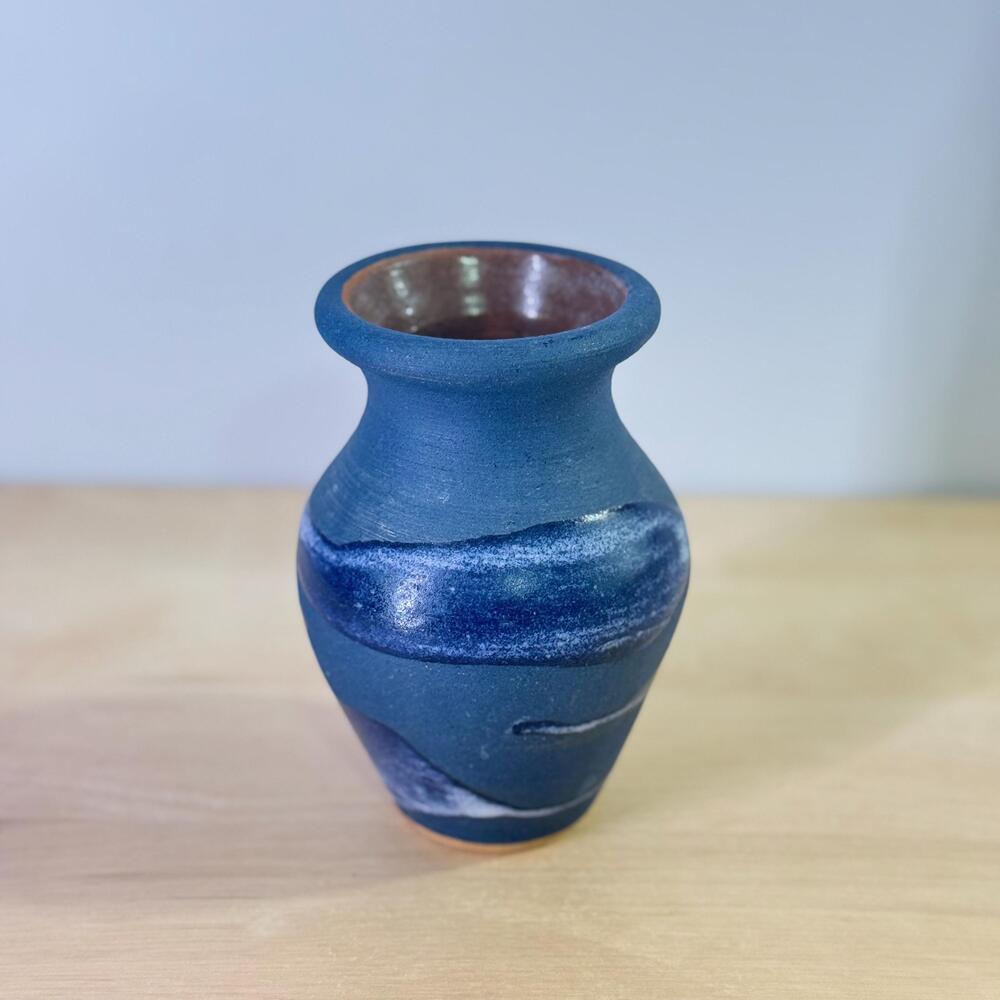 Vintage Signed Studio Pottery Bud Vase | Blue Swirl Accent | Puente Spain